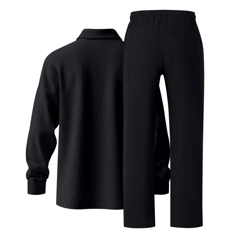 Men's Clothing Set Linen Two-Piece Set: Long-Sleeve Polo Shirt and Straight-Leg Pants Set, Casual Beach Sportswear