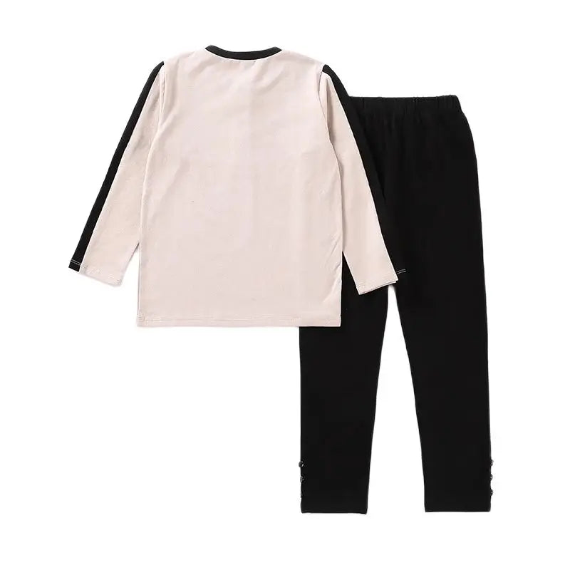 Children Clothes 2pcs Set Long Top and Pants Children Casual Set with Front Opening Cotton Kids Clothes Black Patches Sleeves