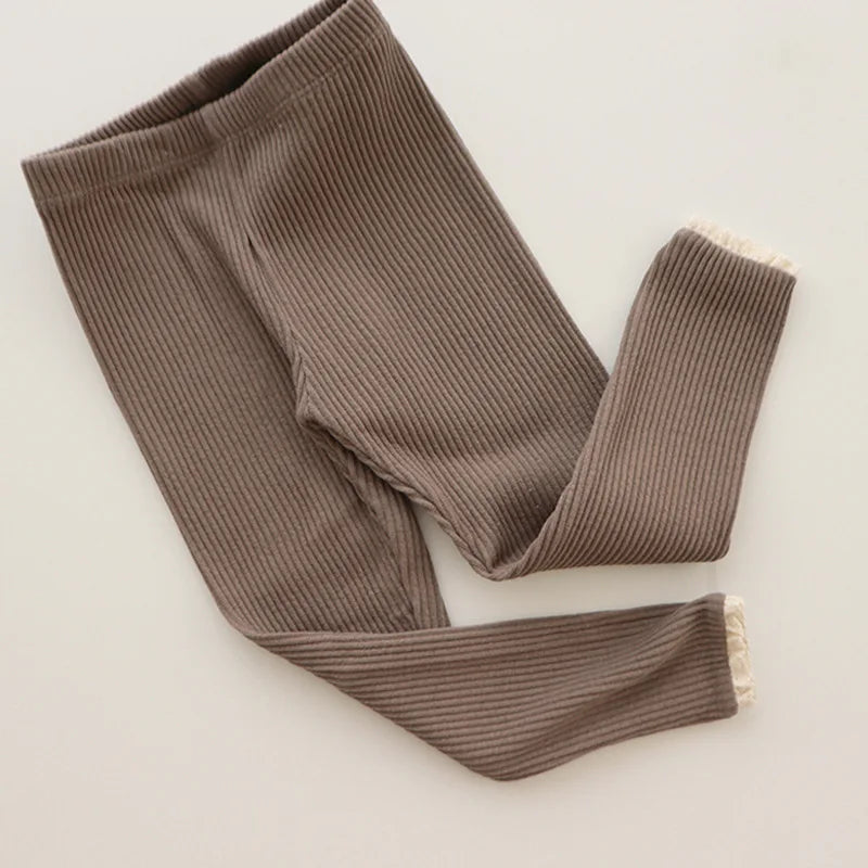 Autumn New Baby Ribbed Lace Leggings Girl Toddler Casual Cotton Trouser Boy Infant Solid Kintted Pants Kid Bottoming Pants