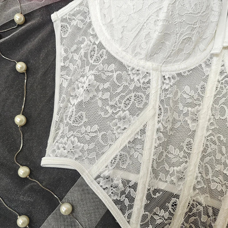 Women Sexy Lace Top See Through Corset Tank Elegant Ladies Sheer Camis Push Up Off Shoulder Vest Outfit