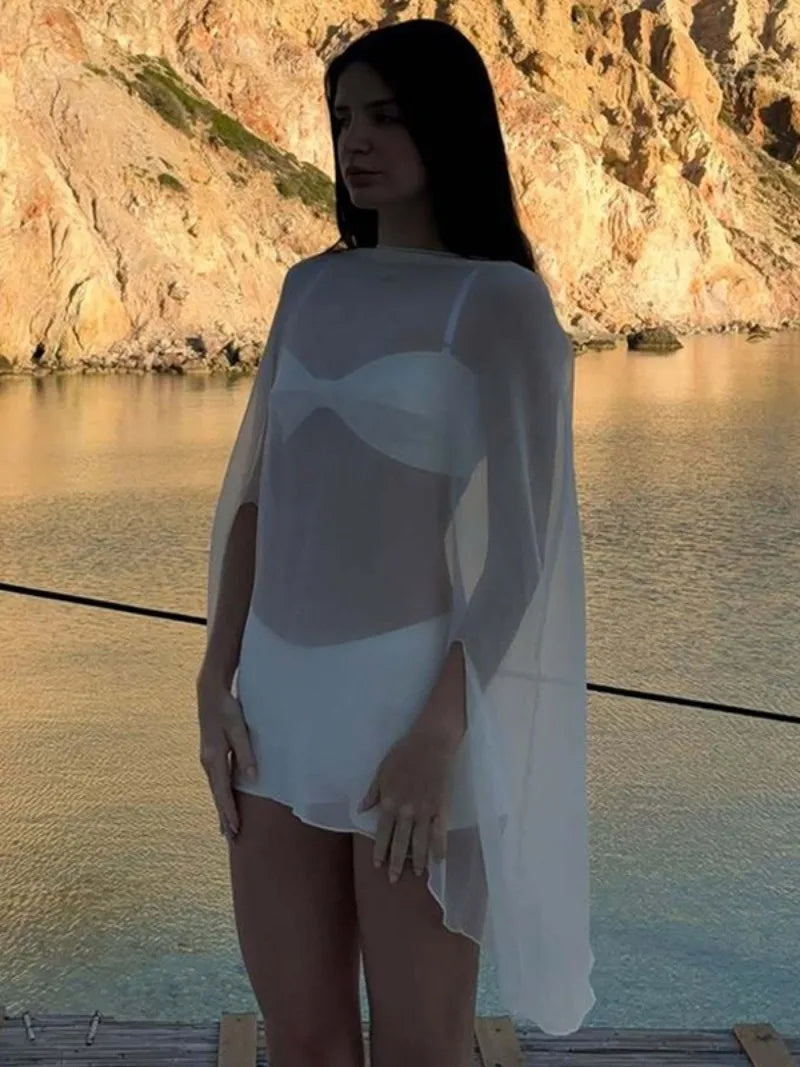 Woman Clothes See-through Chiffon Blouses Sexy Fashion Solid Cover-ups Ladies Elegant Night Club Tops White Black Streetwear