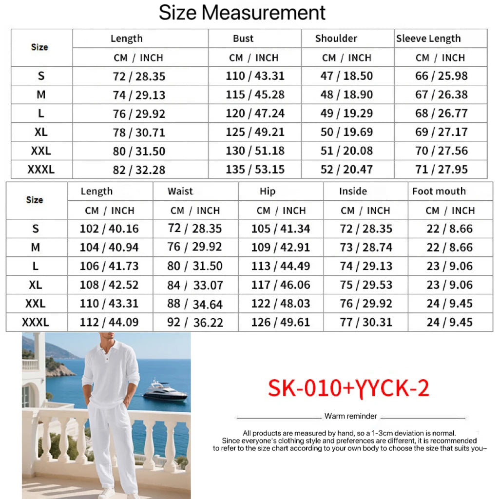 Men's Clothing Set Linen Two-Piece Set: Long-Sleeve Polo Shirt and Straight-Leg Pants Set, Casual Beach Sportswear