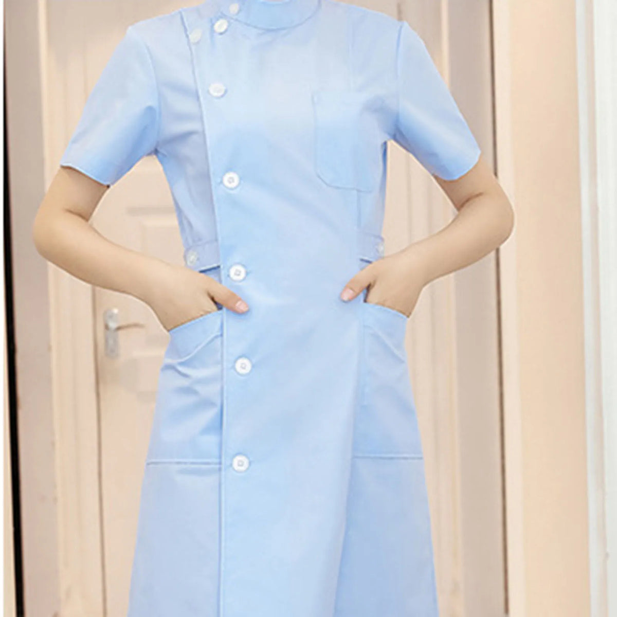 Women Nurse Dress Working Uniform Workwear Healthcare Gown Solid Color Short Sleeve Scrub Dresses Uniformes White Blue Pink