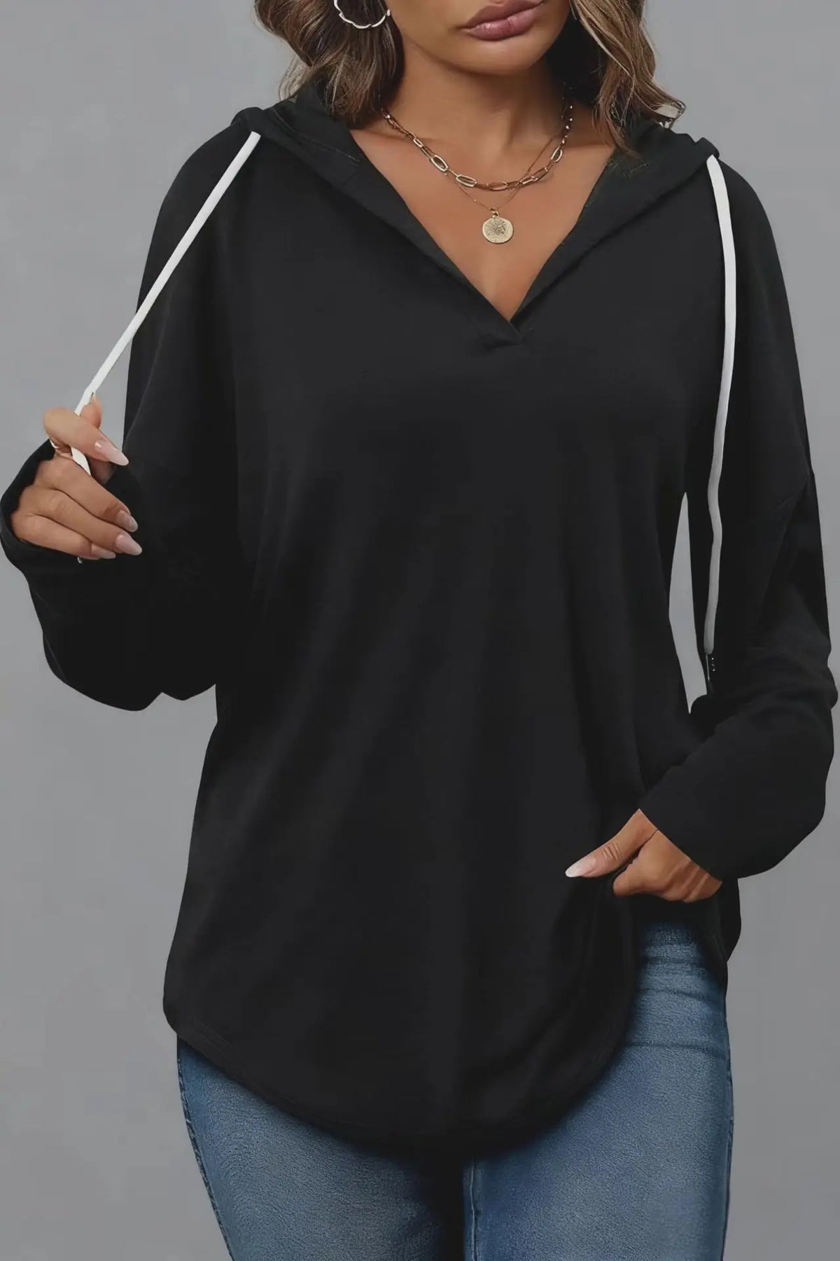 Women's Clothing European American Solid Color Drawstring Sweatshirts Loose Irregular Hoodies Top for Spring Autumn