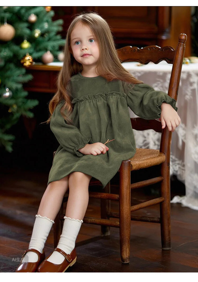 Children Clothing 2025 Autumn and Winter New Corduroy Long Sleeved Girls Baby Round Neck Lace Sleeves Cute Dress