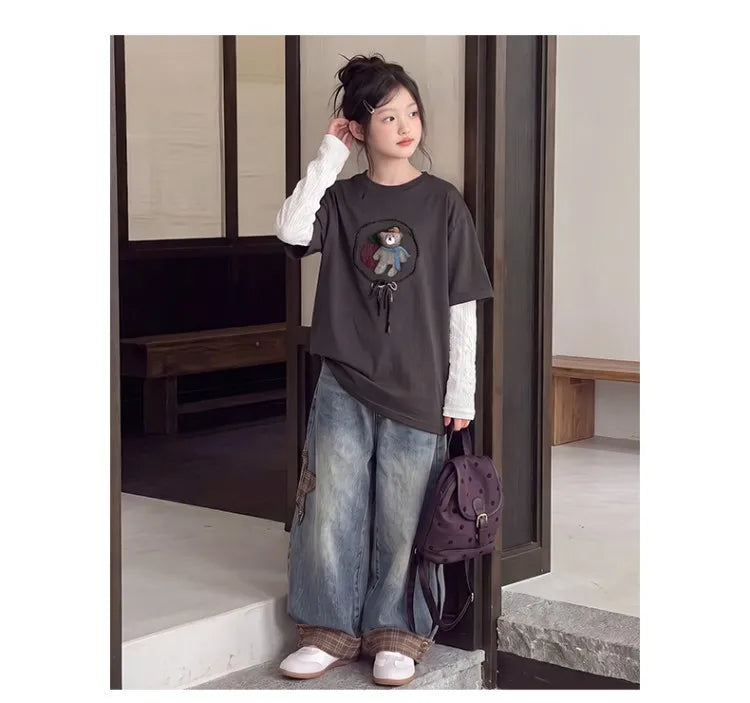 Children Clothes Suit Autumn Girls Long Sleeve T‑Shirt and Wide Leg Jeans Cute Bear Plaid Star Patch