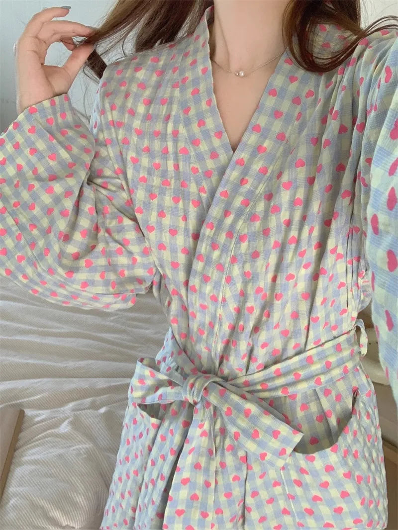 bathrobe women's bathing love plaid loose long sleeve long kimono V-neck lace up trousers nightgown sexy robe women's girl