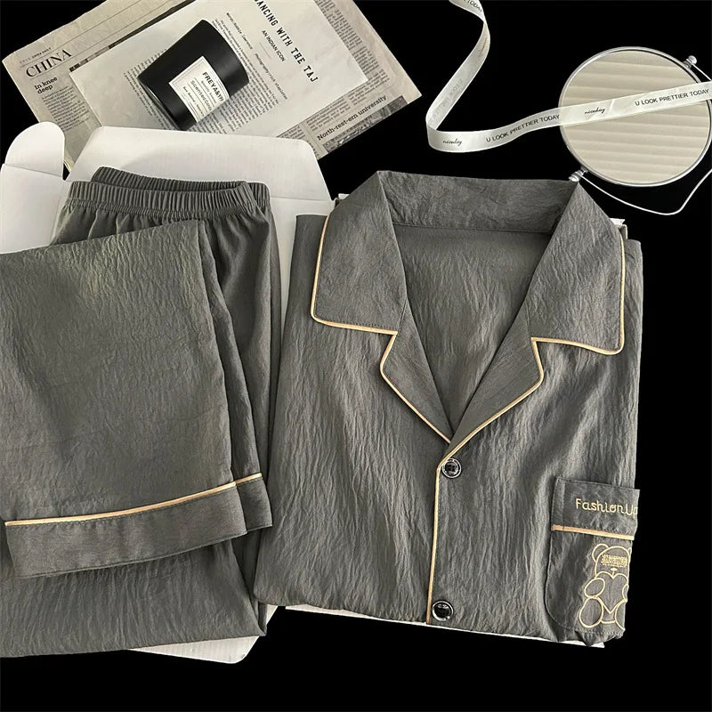 Men's Pajama Sets Casual Autumn Winter Sleepwear Long Sleeve Lapel Top Trousers Suit Male Home Wear Clothing Sleep Pijama Mujer