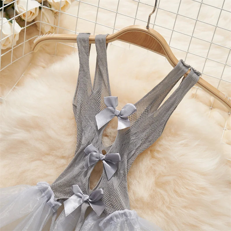 Women Clothing Hotsweet Bodysuit Cute Lolita Mini Dress Vest Ruffle Bow Pleat Cake Skirts Patchwork Mesh Hollowed-out Playsuits