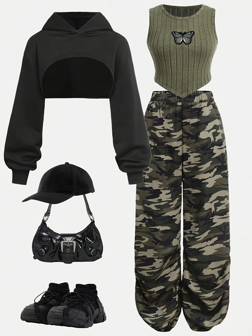 Children's Clothing: Girls' Short Hooded Sweatshirt & Fleece Ribbed Vest & Camouflage Sweatpants Three-Piece Set, Army Green Cool Girl Outfit