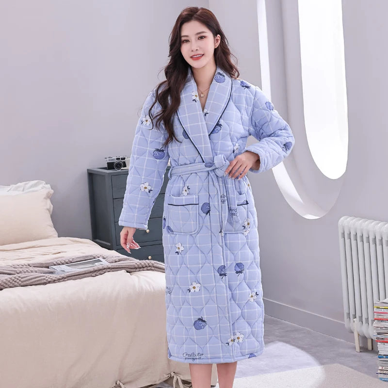 Peignoir Homme Women Robe Winter Warm Cotton Quilted Women's Bathrobe Nightgown Dressing Gown Sleepwear Female Home Clothing