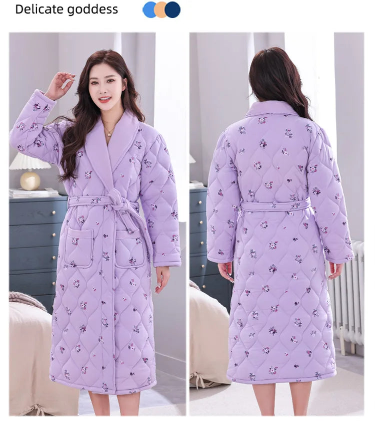 Peignoir Homme Women Robe Winter Warm Cotton Quilted Women's Bathrobe Nightgown Dressing Gown Sleepwear Female Home Clothing