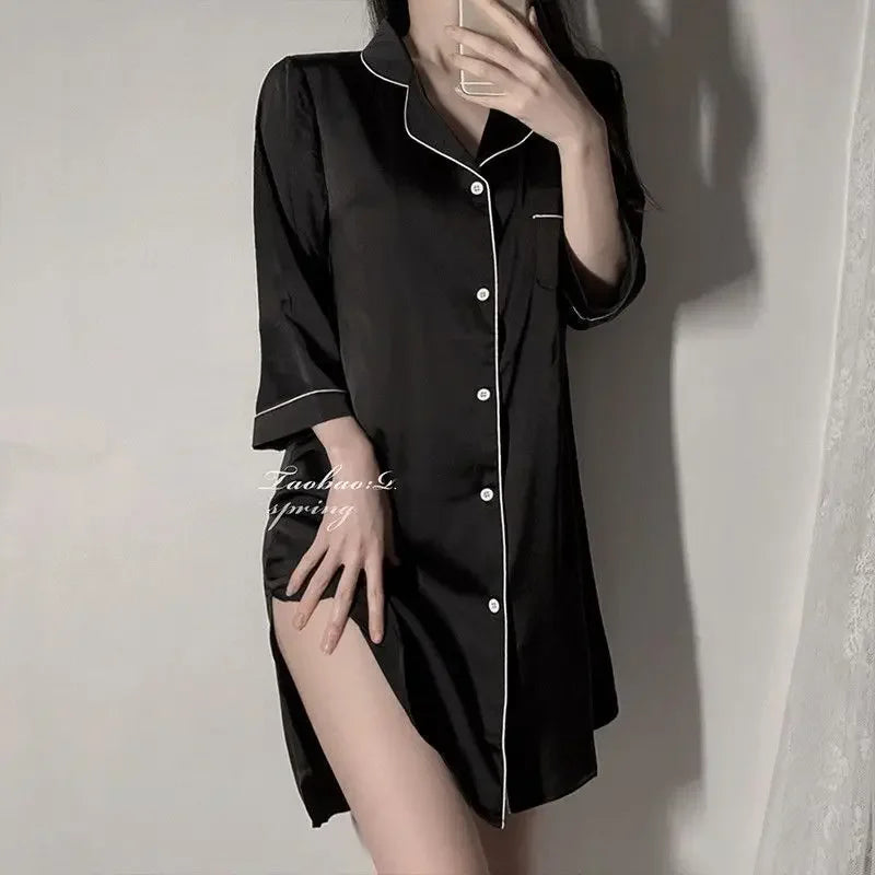Women's Nightgown  Silk Sexy Pajamas Women's Sexy Pajamas Shirt Nightgown Silk Homewear Spring and Autumn Dresses