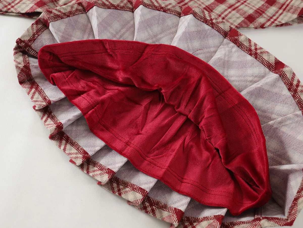 Fashion Children's Clothing Sets 2025 Autumn and Winter New Red Plaid Woolen Suit Girls' Thick Cloak Jacket+ Pleated Skirt