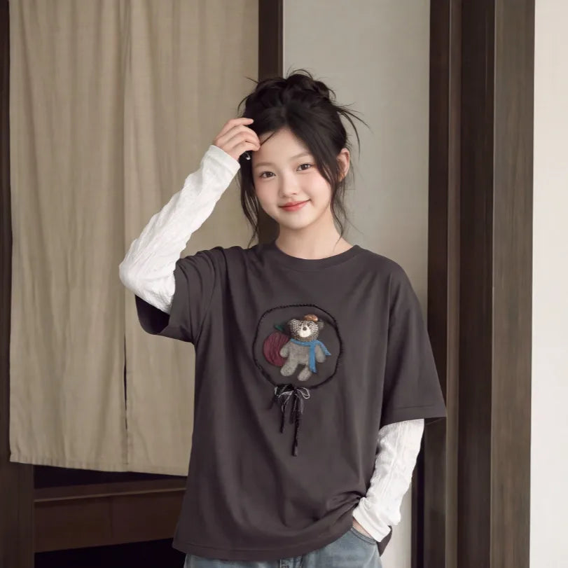 Children Clothes Suit Autumn Girls Long Sleeve T‑Shirt and Wide Leg Jeans Cute Bear Plaid Star Patch