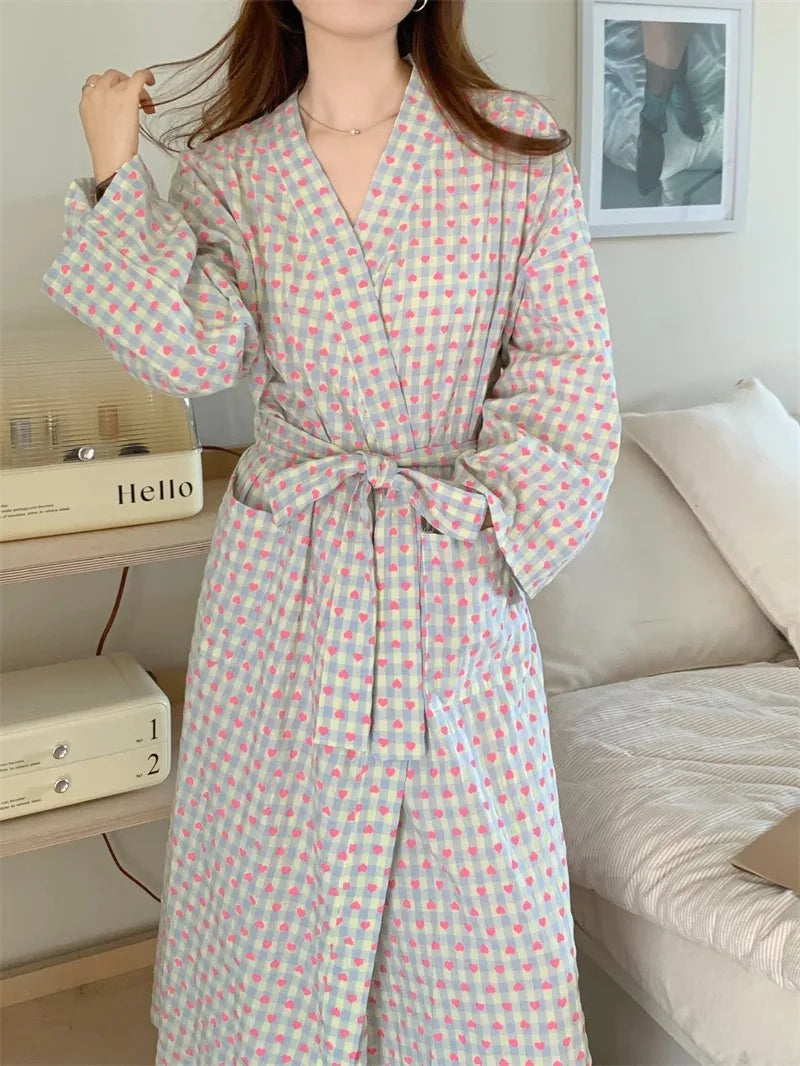 bathrobe women's bathing love plaid loose long sleeve long kimono V-neck lace up trousers nightgown sexy robe women's girl