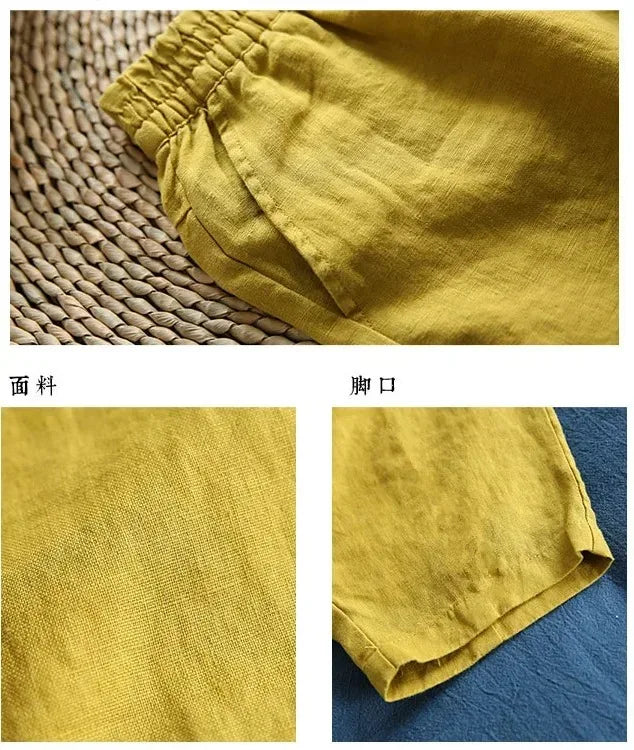 Women Summer Casual Loose Harem Elastic Waist Cotton Linen Pants Ninth Trousers