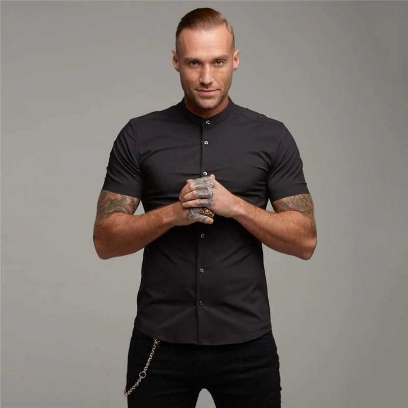 Mens Casual Broadcloth Shirt Summer Slim Fit Short Sleeve Plain Dress Shirt for Gym Business Social