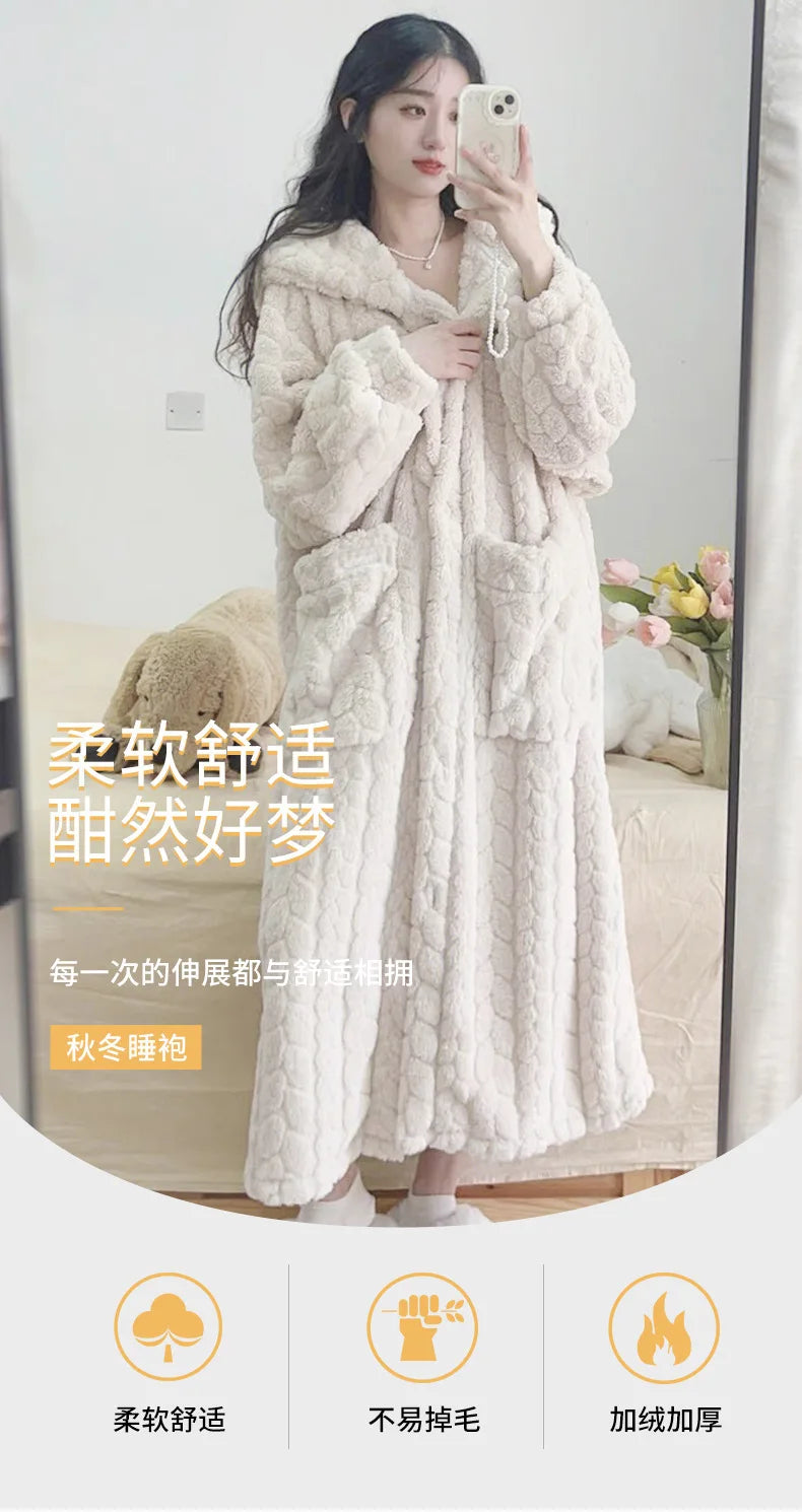 New 2026 Autumn Winter Women's Facecloth Robes Coral Velvet Long Section Cute Sweet Home Wear Lazy Sleeper Robe Pajamas Female