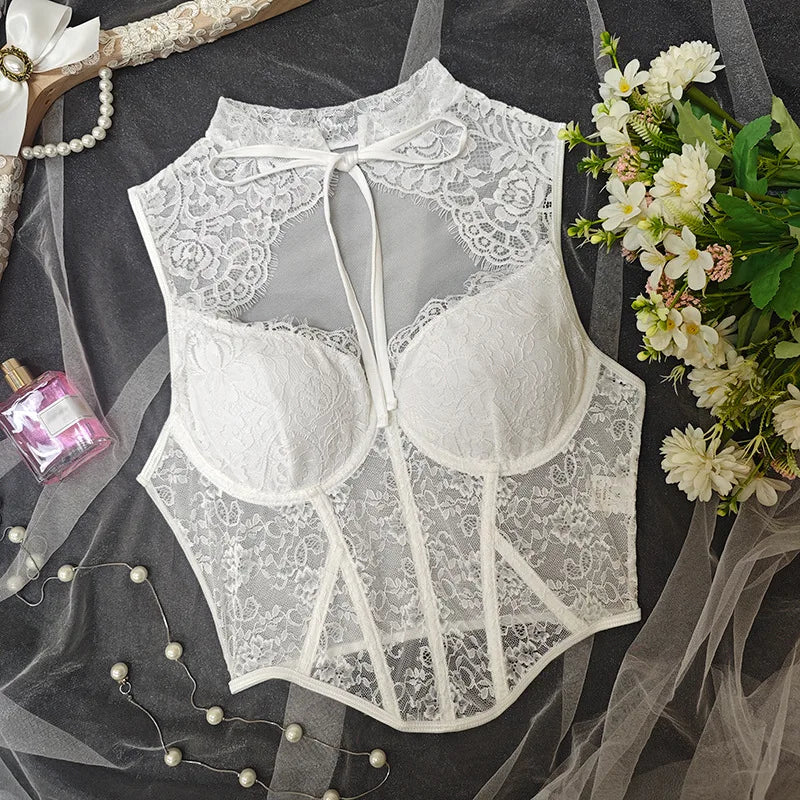 Women Sexy Lace Top See Through Corset Tank Elegant Ladies Sheer Camis Push Up Off Shoulder Vest Outfit