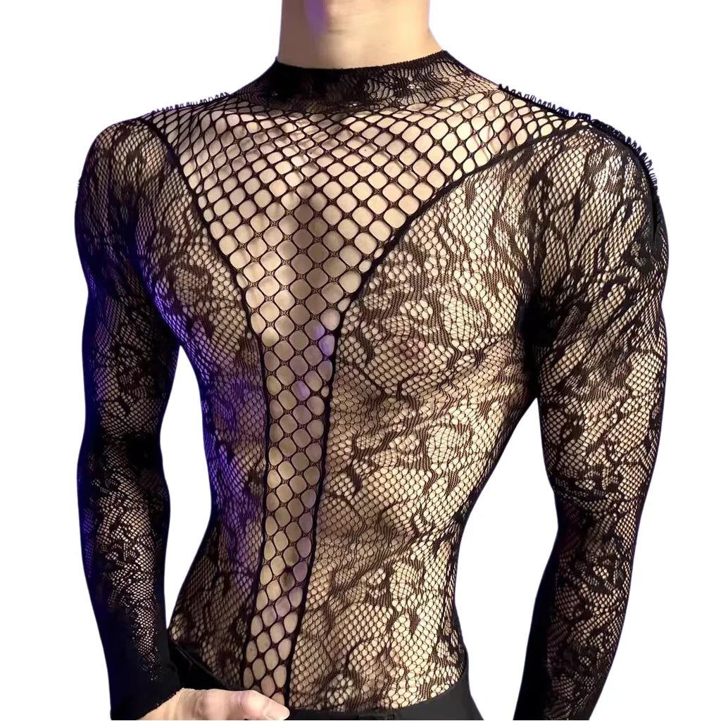 Men's Christmas Bodysuits Male Long Sleeved Uniforms Autumn Winter Underwear Fetish Breathable Gentlemen Mesh Clothes White Red