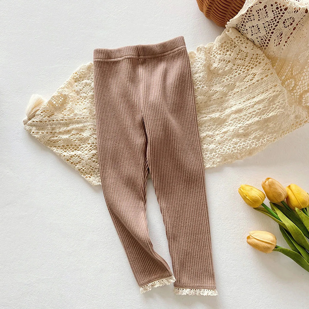 Autumn New Baby Ribbed Lace Leggings Girl Toddler Casual Cotton Trouser Boy Infant Solid Kintted Pants Kid Bottoming Pants