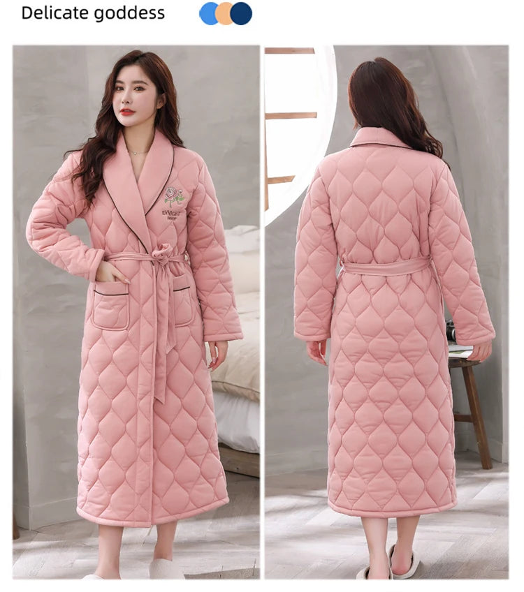 Peignoir Homme Women Robe Winter Warm Cotton Quilted Women's Bathrobe Nightgown Dressing Gown Sleepwear Female Home Clothing