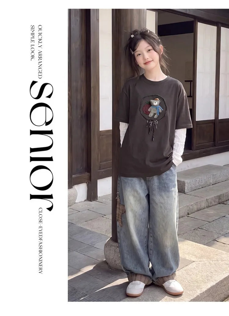 Children Clothes Suit Autumn Girls Long Sleeve T‑Shirt and Wide Leg Jeans Cute Bear Plaid Star Patch