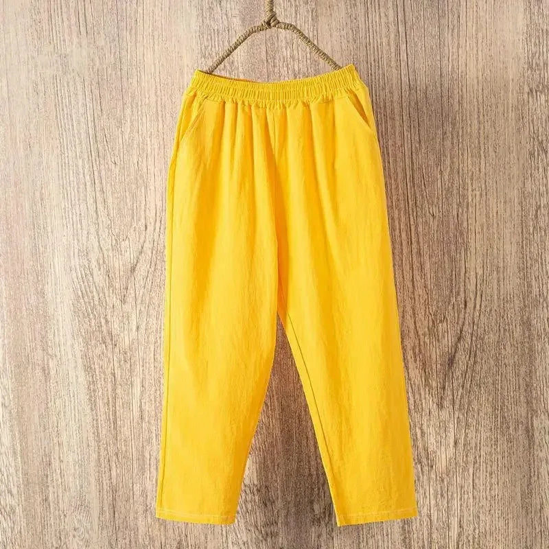 Women Summer Casual Loose Harem Elastic Waist Cotton Linen Pants Ninth Trousers
