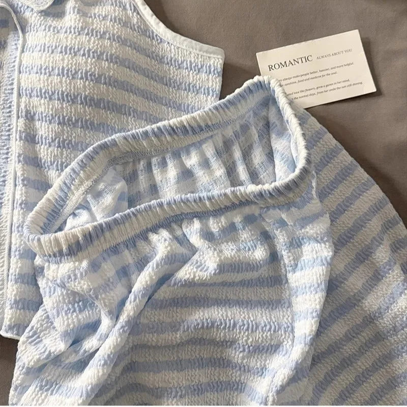 Summer new women's clothing with chest pads, striped suspenders, pajamas, girls, thin vests, shorts, loungewear, two-piece set,