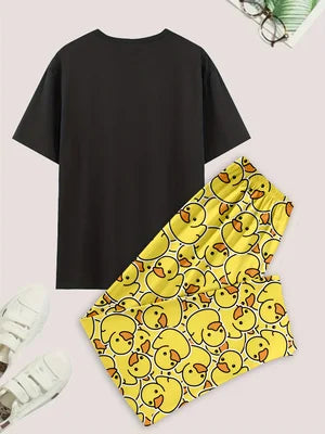 Men's casual pajama set, duck-print short-sleeved T-shirt, and pants, comfortable summer clothing