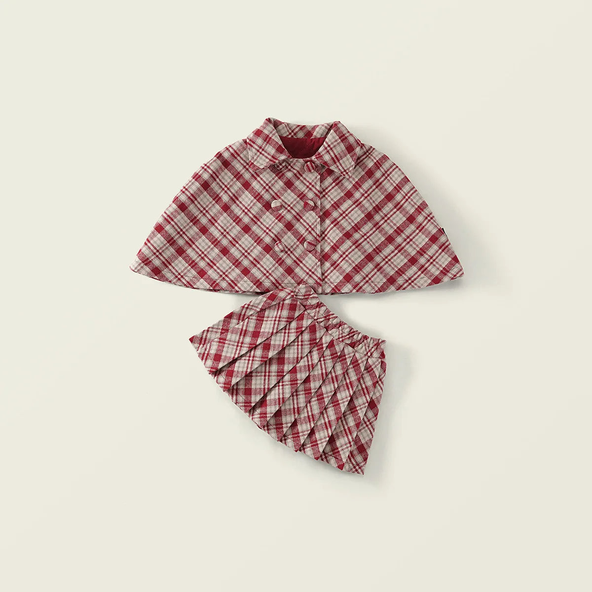 Fashion Children's Clothing Sets 2025 Autumn and Winter New Red Plaid Woolen Suit Girls' Thick Cloak Jacket+ Pleated Skirt