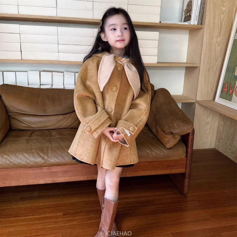 Teen Girl Clothes 2025 Children Wool Double Faced Girls Coat Clothes Kids Herringbone Outerwear Costumes Hooded Cape Handmade