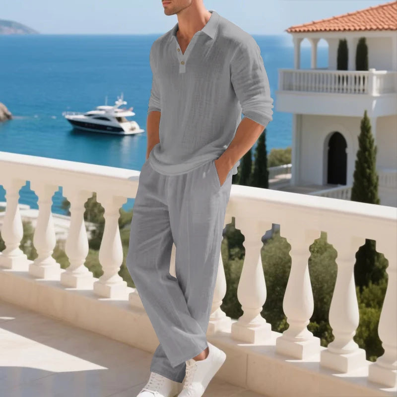 Men's Clothing Set Linen Two-Piece Set: Long-Sleeve Polo Shirt and Straight-Leg Pants Set, Casual Beach Sportswear