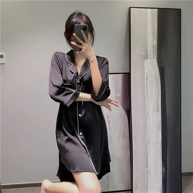 Women's Nightgown  Silk Sexy Pajamas Women's Sexy Pajamas Shirt Nightgown Silk Homewear Spring and Autumn Dresses
