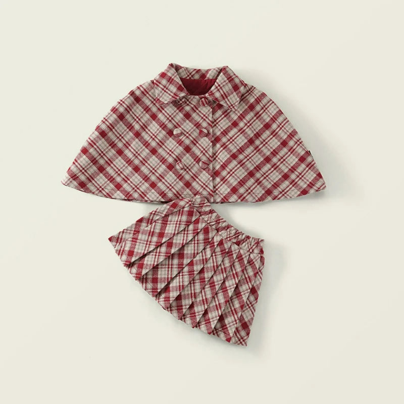 Fashion Children's Clothing Sets 2025 Autumn and Winter New Red Plaid Woolen Suit Girls' Thick Cloak Jacket+ Pleated Skirt