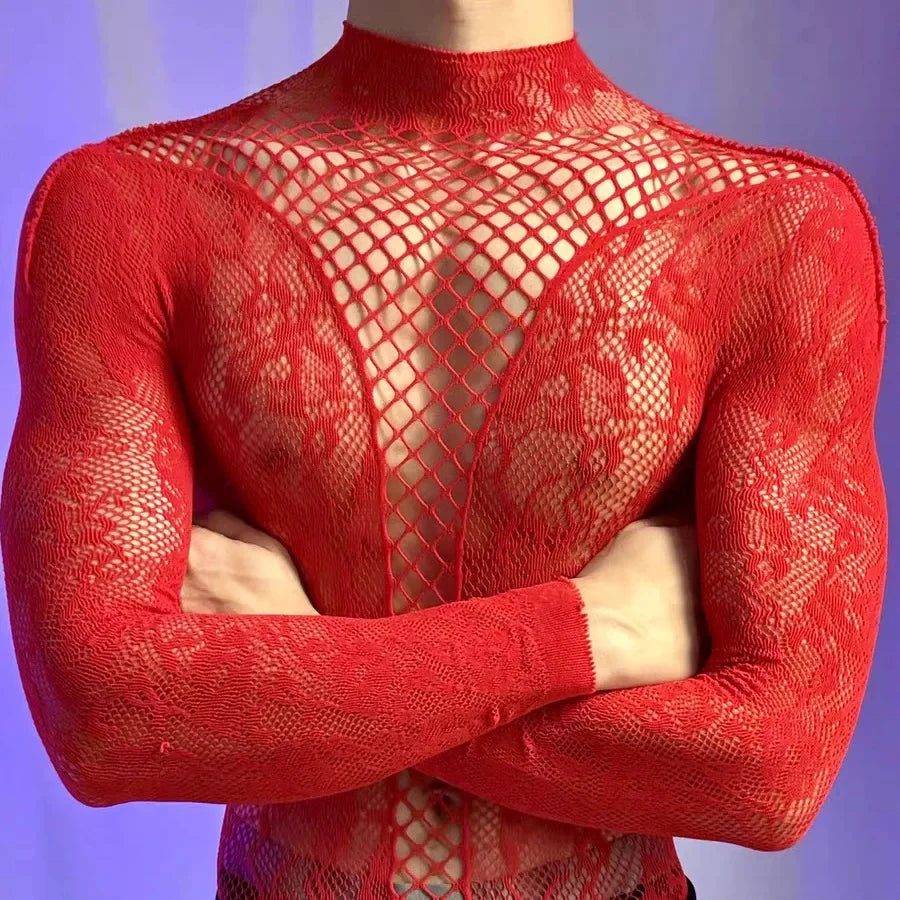 Men's Christmas Bodysuits Male Long Sleeved Uniforms Autumn Winter Underwear Fetish Breathable Gentlemen Mesh Clothes White Red