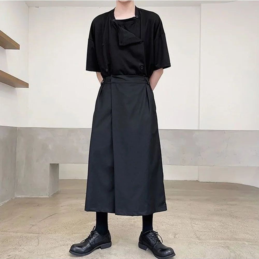 Mens Culottes Asymmetrical Double-Layer Casual Hakama Streetwear Fashion Outdoor Daily Youth Plain Wide-Leg Pants Men'S Clothing