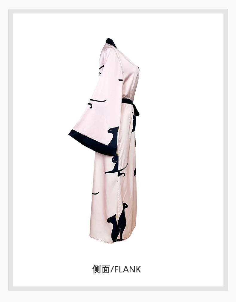 Wedding Party Dress Fashion Printed Robe Women's Clothing Loose Silk Satin Sleepwear Night Gowns Long Sleeve Ladies Bathrobe