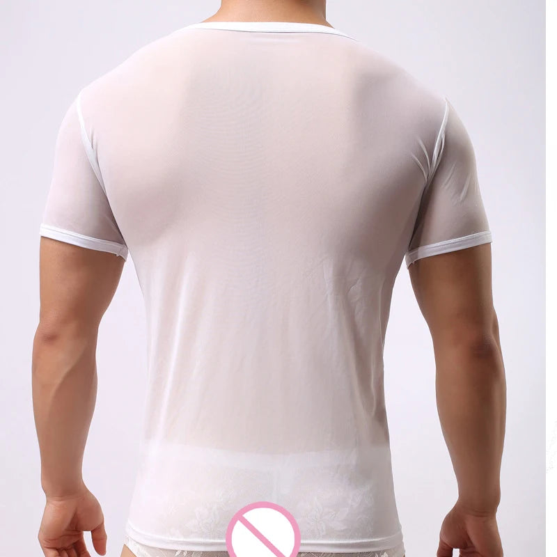 Mens T-shirt Sexy Transparent Sheer Mesh Breathable Underwear See Through Short Sleeve Undershirt Fitness Casual Tops Tees