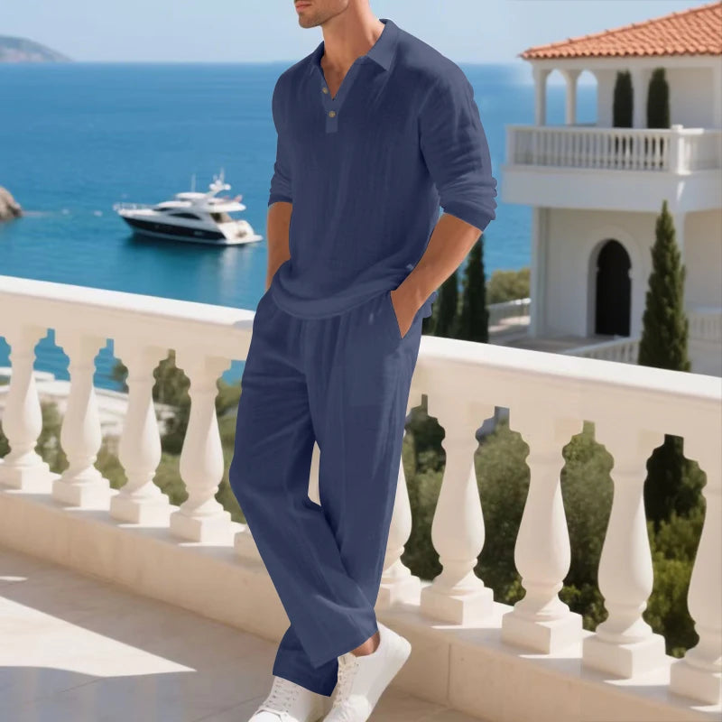 Men's Clothing Set Linen Two-Piece Set: Long-Sleeve Polo Shirt and Straight-Leg Pants Set, Casual Beach Sportswear