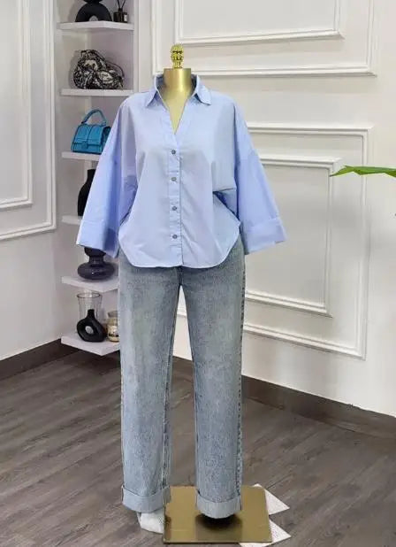 Woman Blouse 2025 Spring Autumn New Fashion Turn-Down Collar Long Sleeve Loose Fit Casual Solid Color Versatile Shirt Top