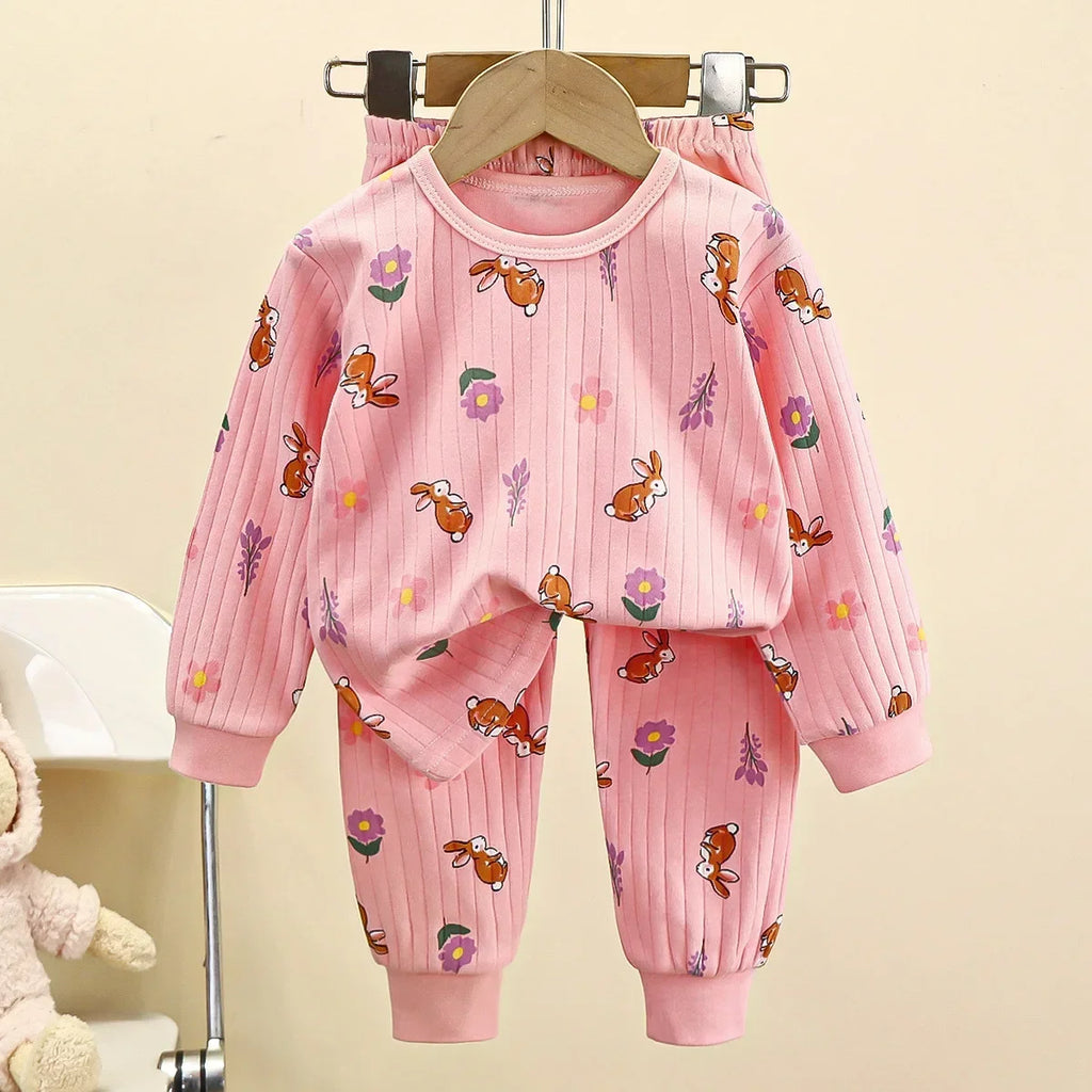 Kids Boys Girls Pure Cotton Warm Pajamas Cute Cartoon Long Sleeve T-Shirt + Pants Toddler Baby Autumn Underwear Clothing Sets