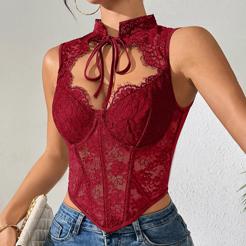 Women Sexy Lace Top See Through Corset Tank Elegant Ladies Sheer Camis Push Up Off Shoulder Vest Outfit