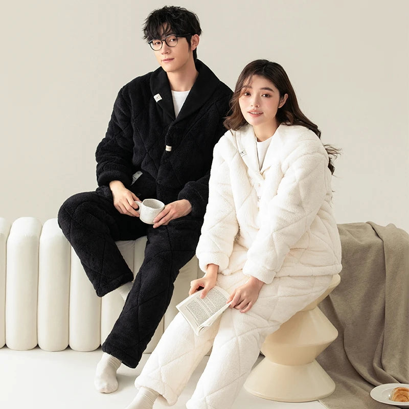 Newest winter 3 layer clip cotton pajama set couple turn-down collar pyjamas thick warm home clothing
