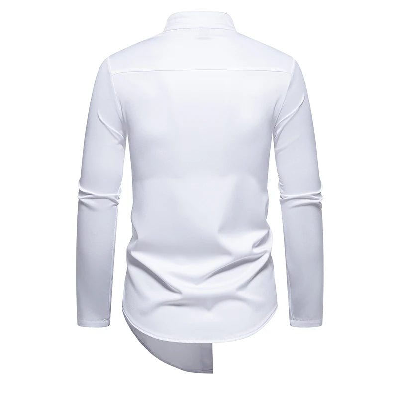 Mens Dress Shirts Vintage Personality Irregular Crop Long Sleeve Business Stand Collar Shirt Men Camisas Streetwear Blusas Tops
