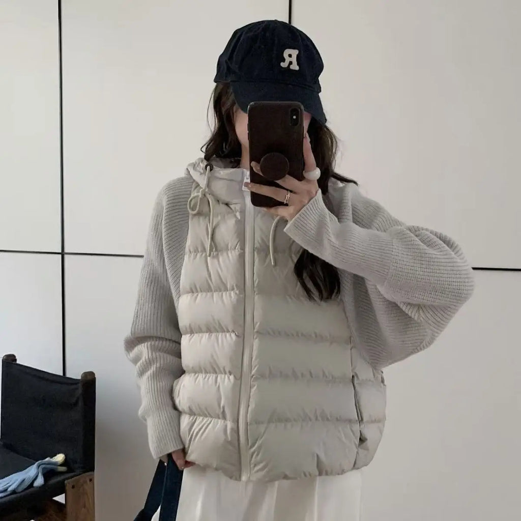 Women's Clothing Knitted Splicing Down Cotton Coat Warm Versatile Short New Winter