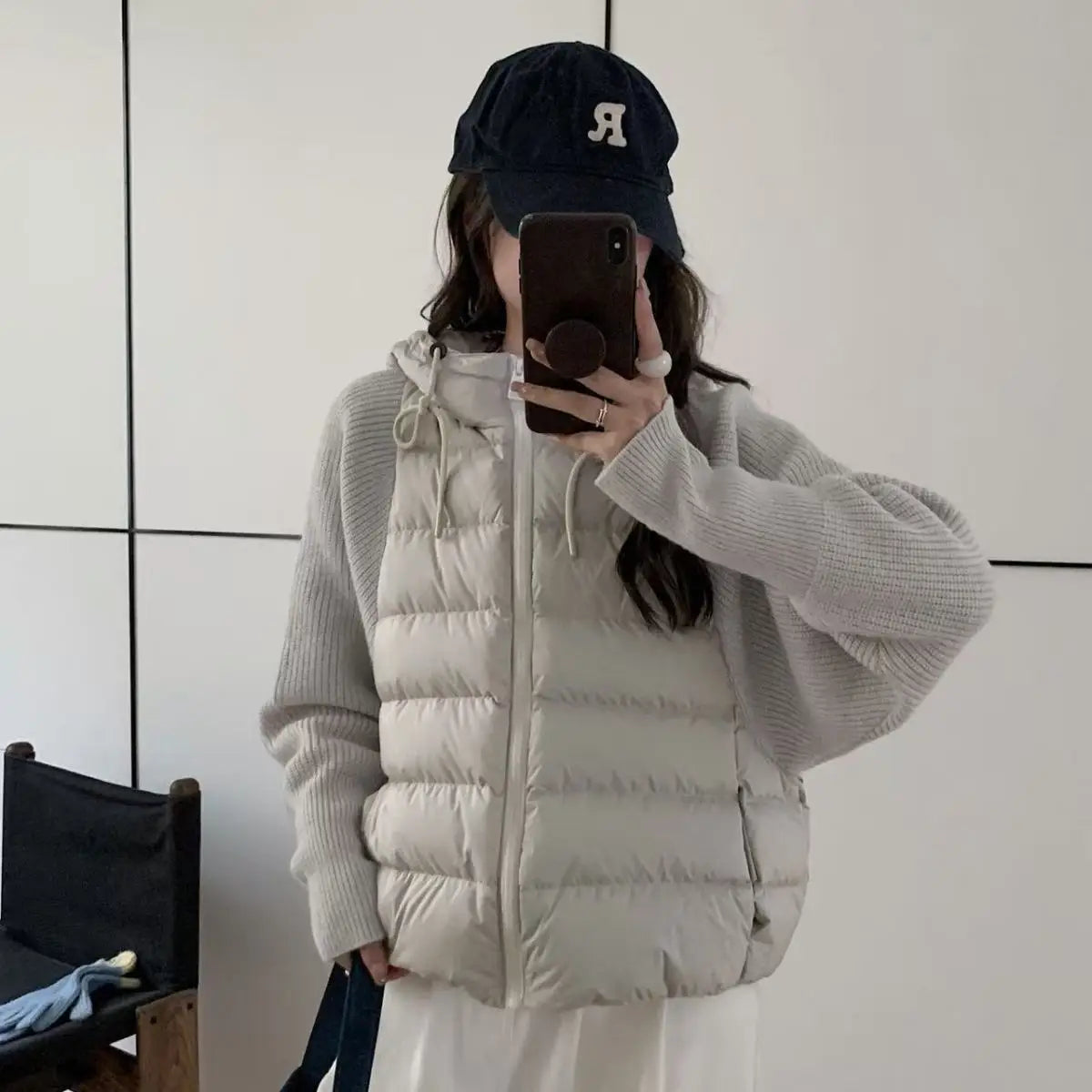 Women's Clothing Knitted Splicing Down Cotton Coat Warm Versatile Short New Winter