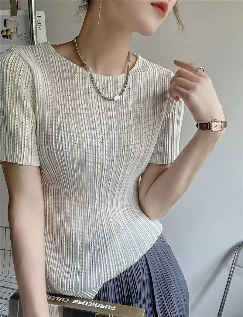 Woman Clothing  Top Women Miyake Pleated Short-sleeved Female Summer Thin Elastic Round Neck Joker Slim Pleated Hollow T-shirt