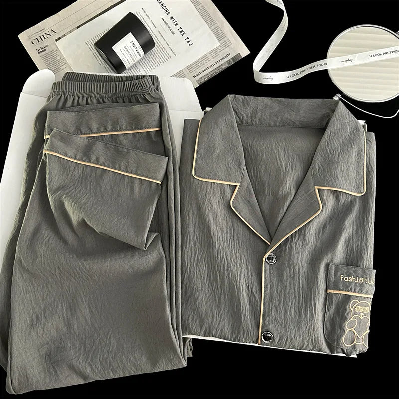 Men's Pajama Sets Casual Autumn Winter Sleepwear Long Sleeve Lapel Top Trousers Suit Male Home Wear Clothing Sleep Pijama Mujer